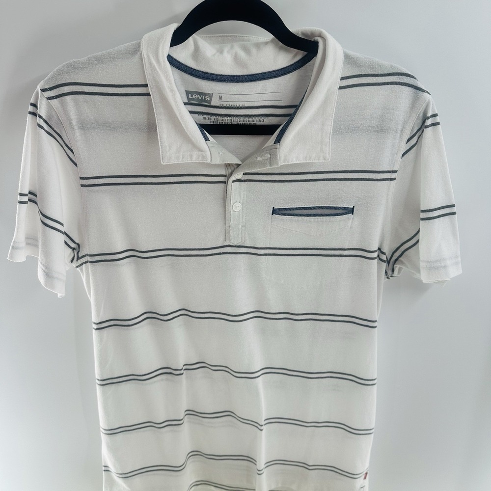 Levi's Men's Polo Shirt Short Sleeve M Cotton White Stripes‎ 3 Button Stretch